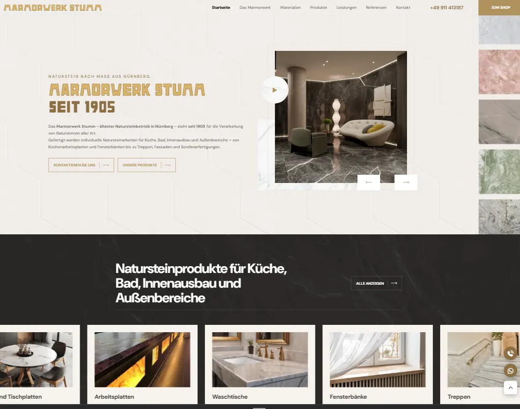 Marmorwerk Stumm Website mit Naturstein-, Material- und Shopdarstellung